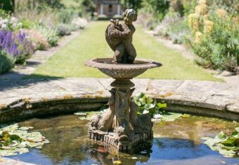 Micklefield Hall film location - Herbaceous borders fountain