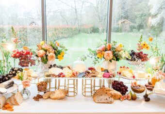 Micklefield Hall weddings and events, cheese station with flowers by kalm kitchen