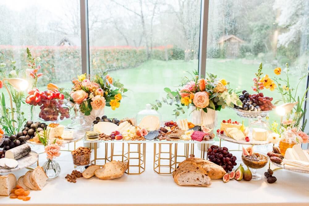 Micklefield Hall weddings and events, cheese station with flowers by kalm kitchen