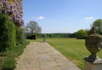 Micklefield Hall manor house patio and rolling lawns