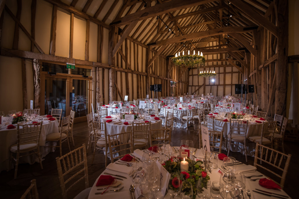 Decorated tables on the night of the corporate gala dinner 