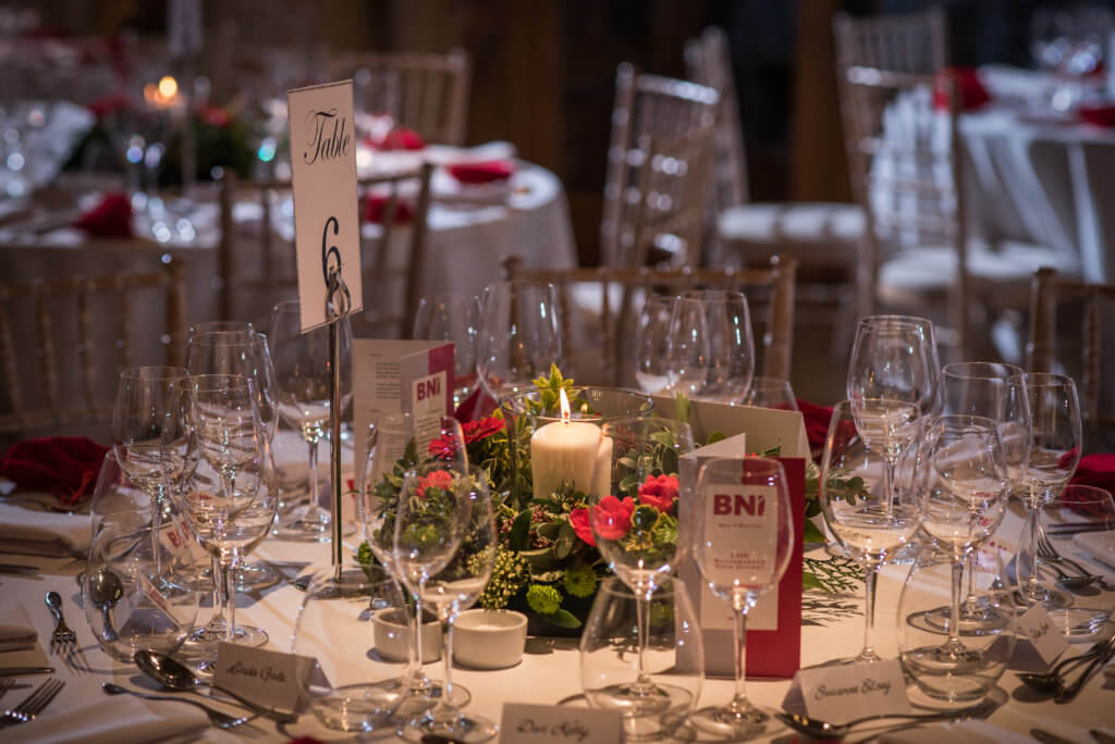 Decorated tables on the night of the corporate gala dinner 